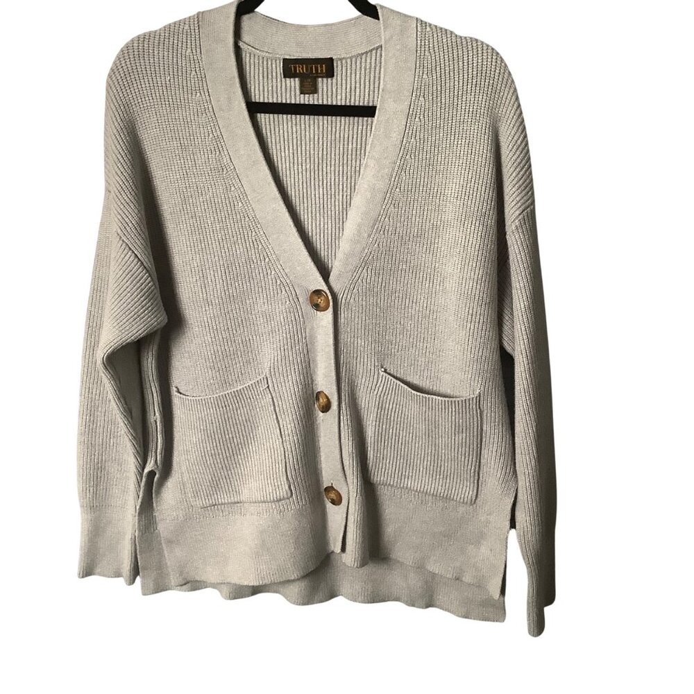 Truth By Republic Light Gray Ribbed Button-Front Cardigan Pockets Men Large